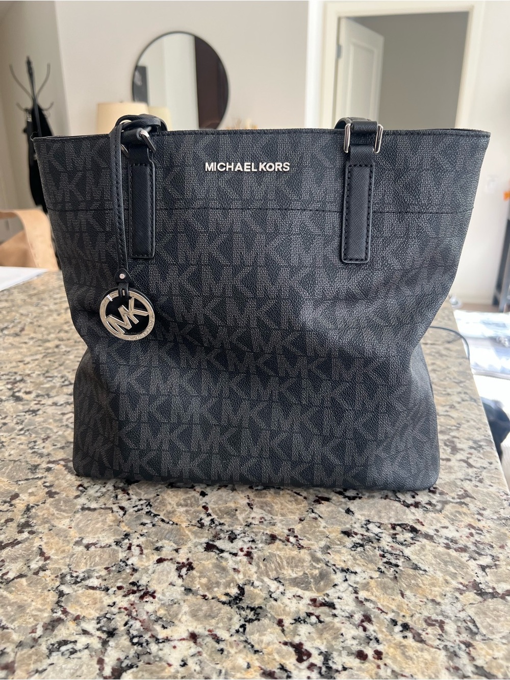 Michael Kors Black Signature Logo Tote with MK Charm